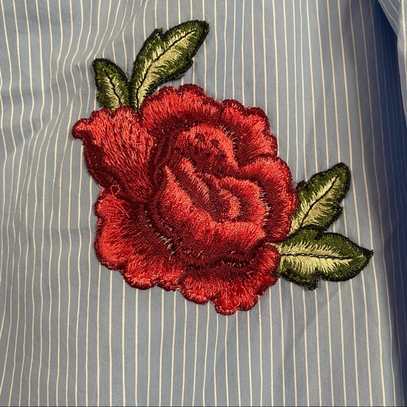 Zara Woman Off Shoulder Pinstripe Embroidered Floral Dress Tunic Medium Blue Red - Picture 6 of 14